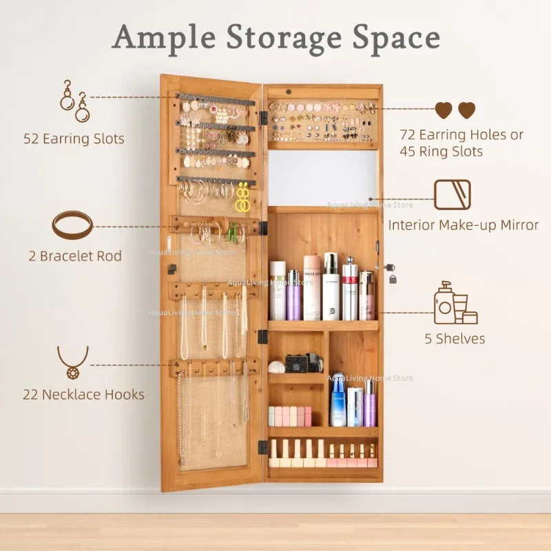 Full Length Wall Mounted LED Lockable Wood Jewelry Armoire Cabinet