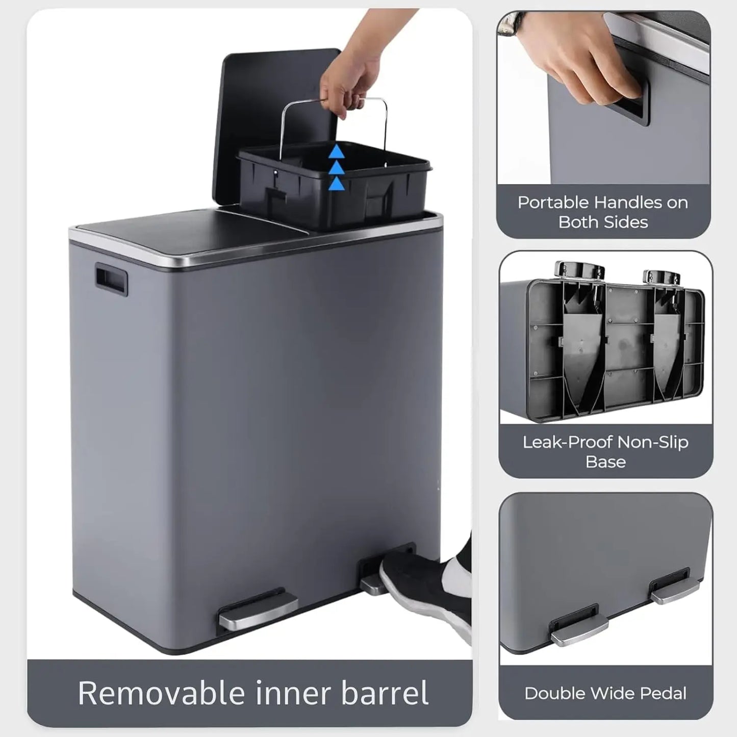 Stainless Steel Kitchen Trash Can Dual Recycling Bin With Soft Close Lid