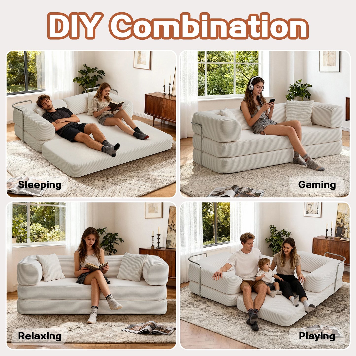 Foldable Convertible Futon Sofa Bed With L Shaped Armrests