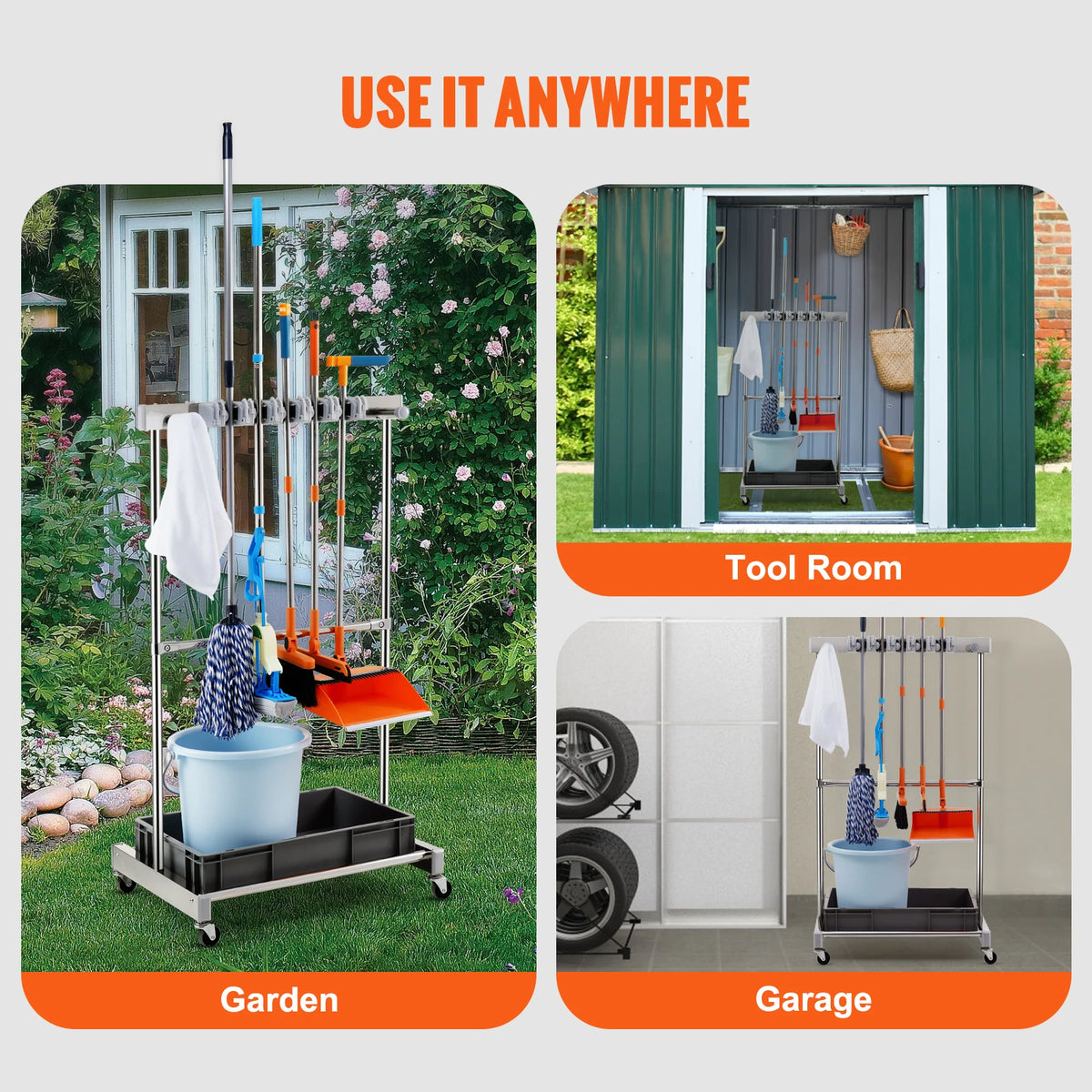 SucceBuy Garden Tool Organizer Rack With Wheels For Garage Storage