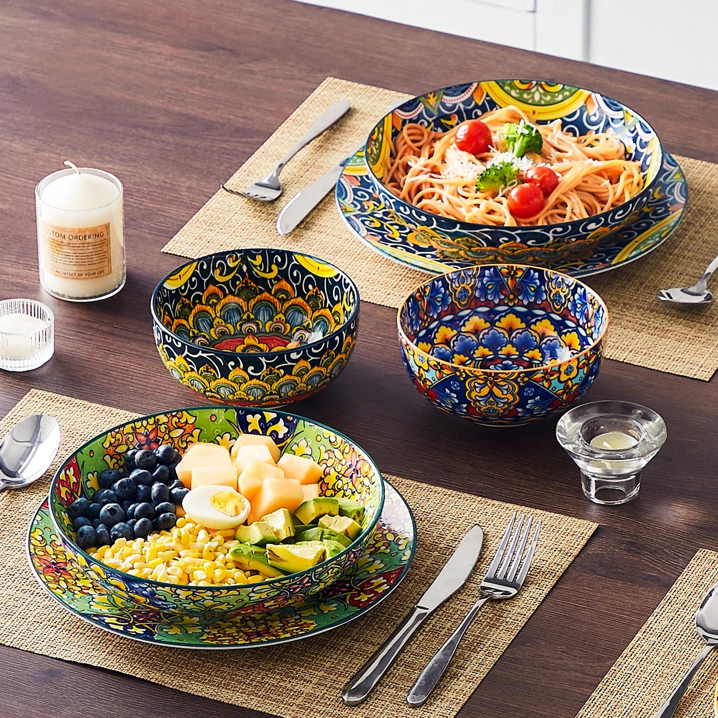 MALACASA Beautiful Floral Pattern Ceramic Soup And Pasta Bowls