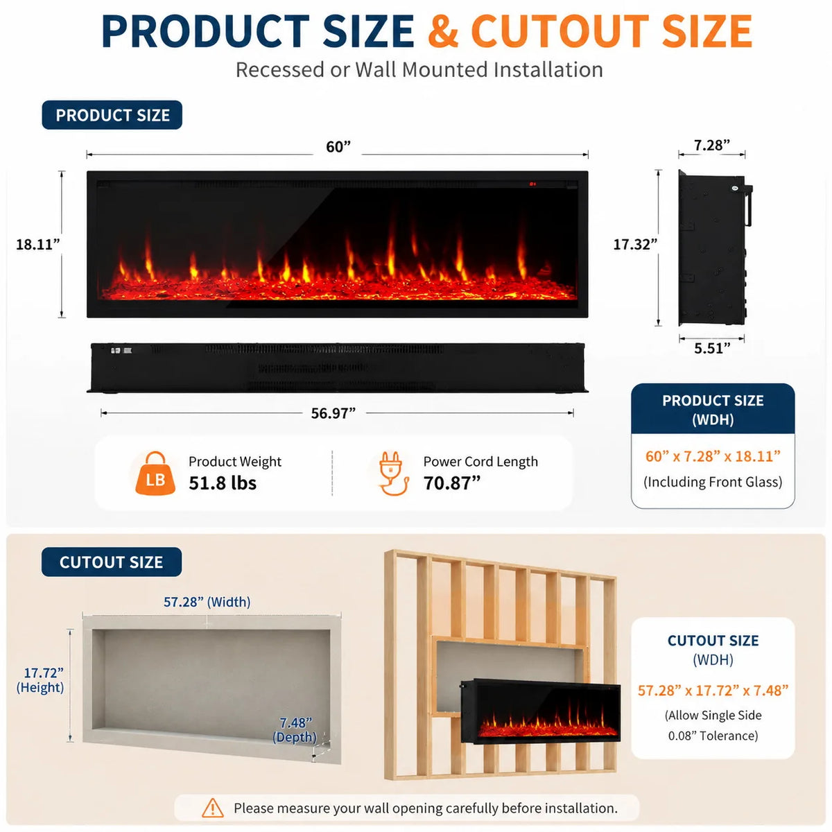 ANIXOL Recessed Wall Mounted Linear Electric Fireplace Heater With Remote