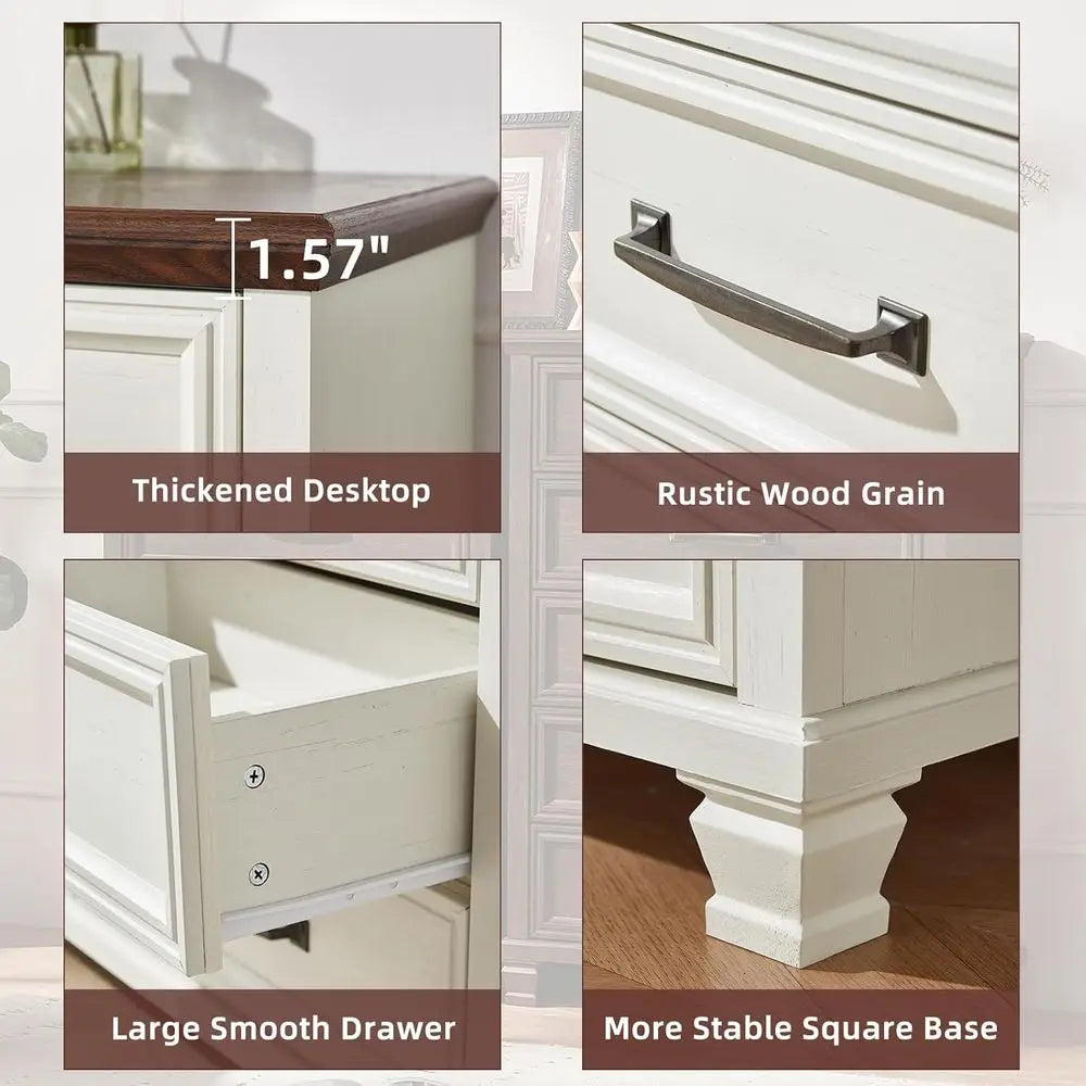 Rustic White Wood Bedroom Furniture Set With 7 Drawer Dresser And 2 Nightstands