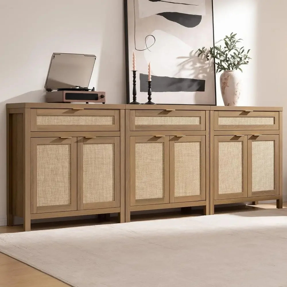 Sideboard Buffet Cabinet Set of 3 With Rattan Accents