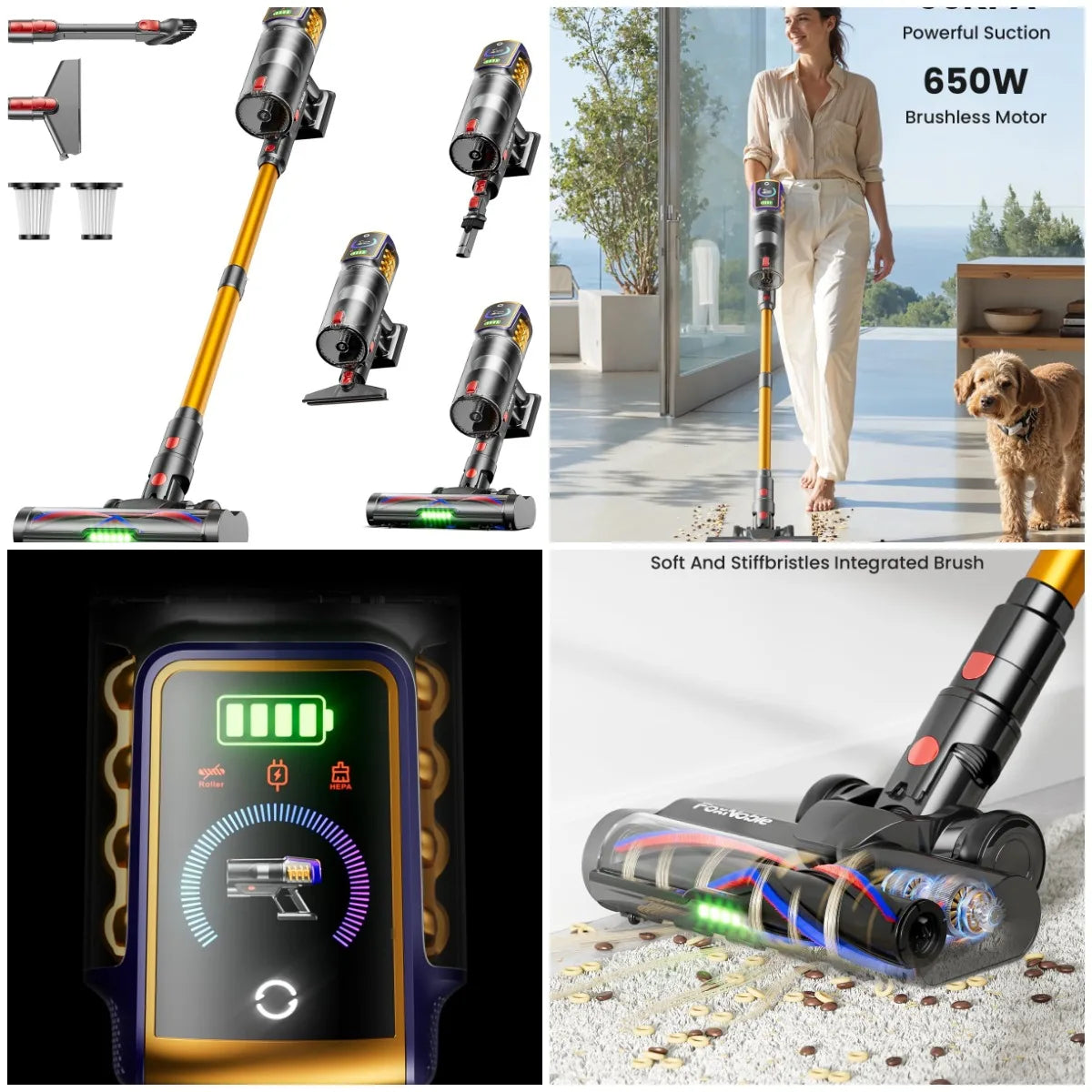 XMSJ Cordless Vacuum Cleaner 650W 55kPa 65min Runtime With LED