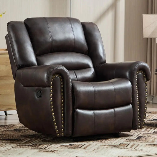 Leather Rocker Recliner Chair With Overstuffed Backrest And Armrests