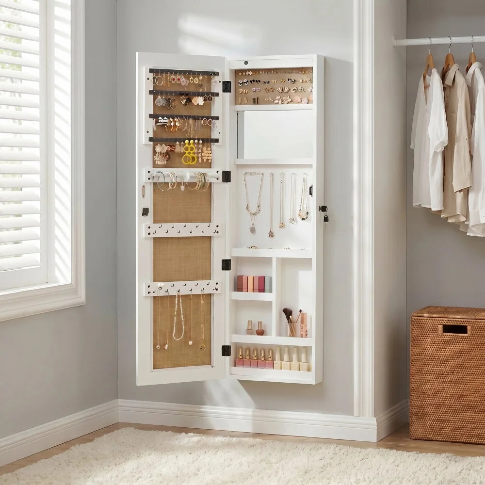 Full Length Wall Mounted LED Lockable Wood Jewelry Armoire Cabinet