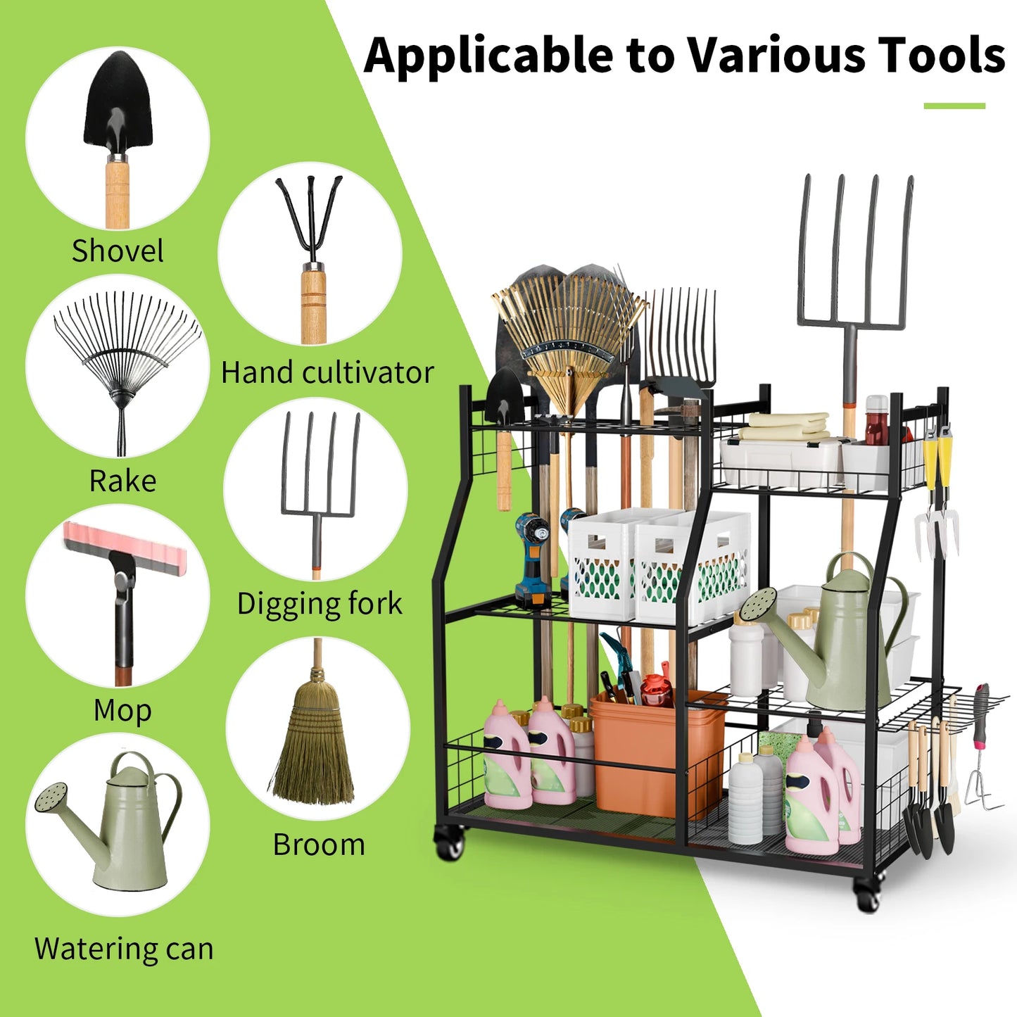 Metal Freestanding Garage Tool Organizer Cart On Wheels Five Shelves