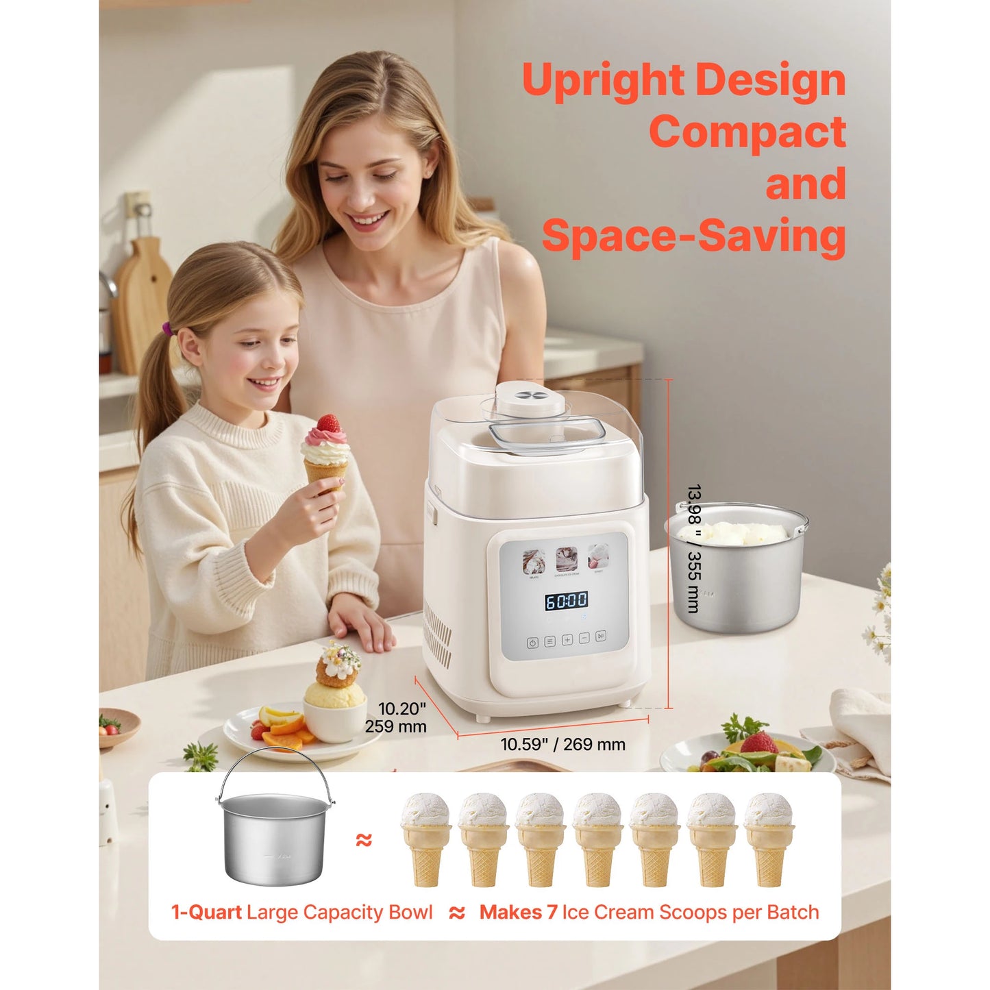 SucceBuy Upright Automatic Ice Cream Maker With Built In Compressor