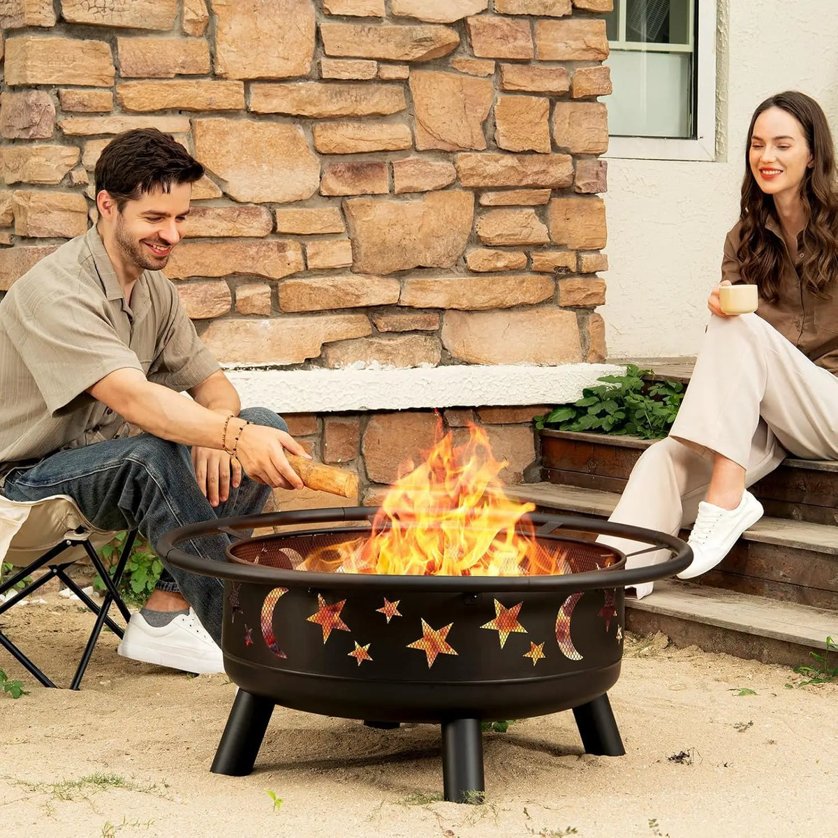 Metal Wood Burning Fire Pit With Mesh Cover Fire Poker
