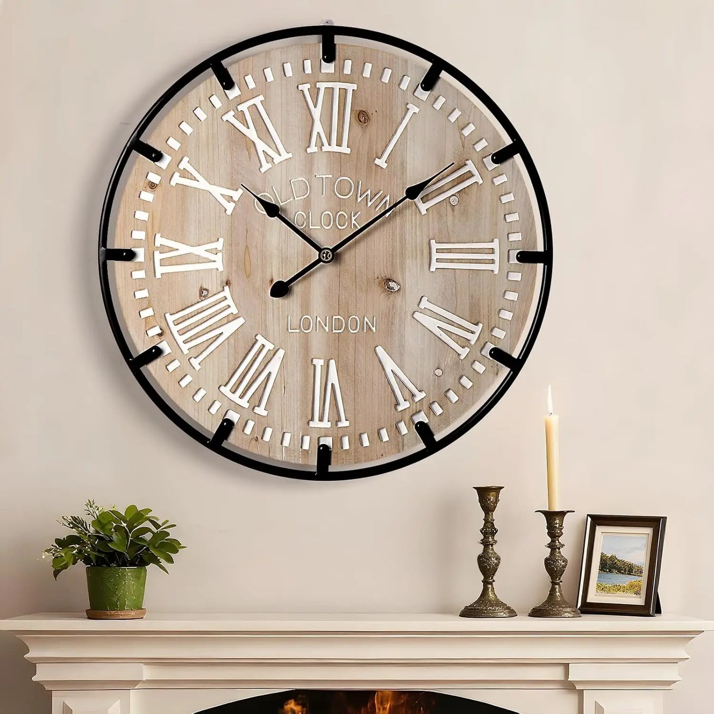 Farmhouse Rustic Wall Clock With Metal Circle Silent Analog Design