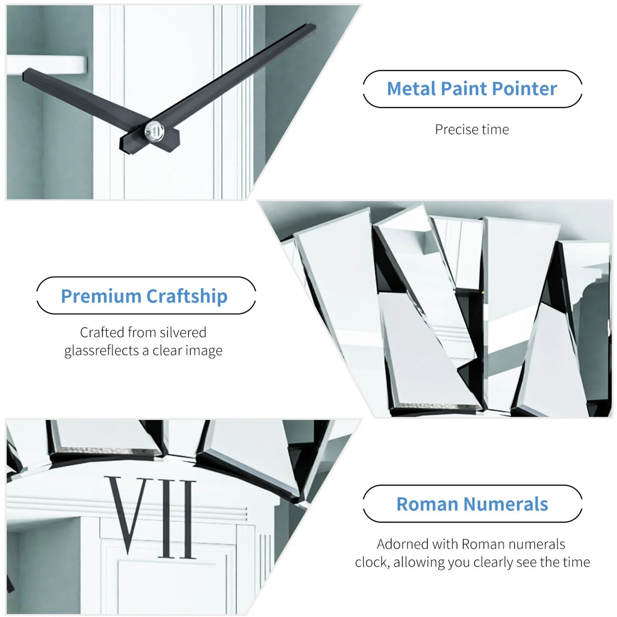 Mirrored Wall Clock With Beveled Glass Edge Silent Movement