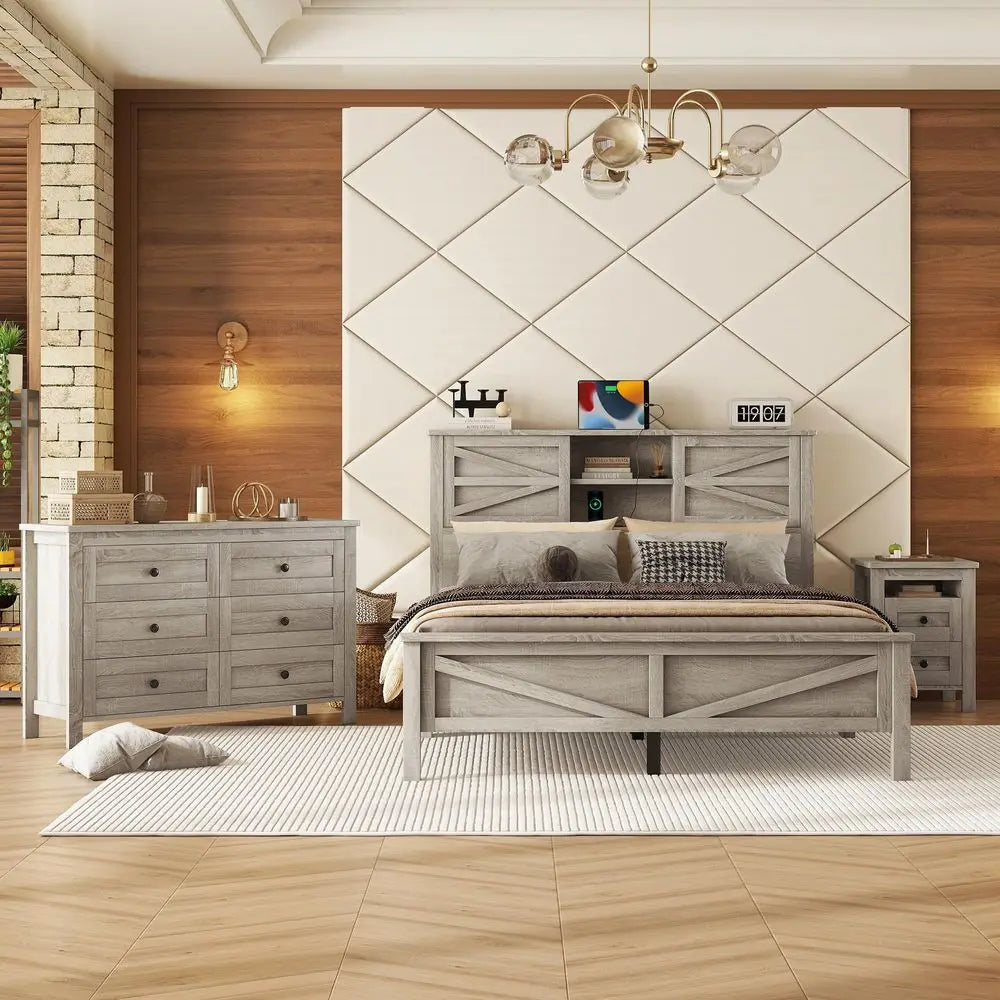 Farmhouse Platform Bed With Storage Headboard Nightstand Dresser Set