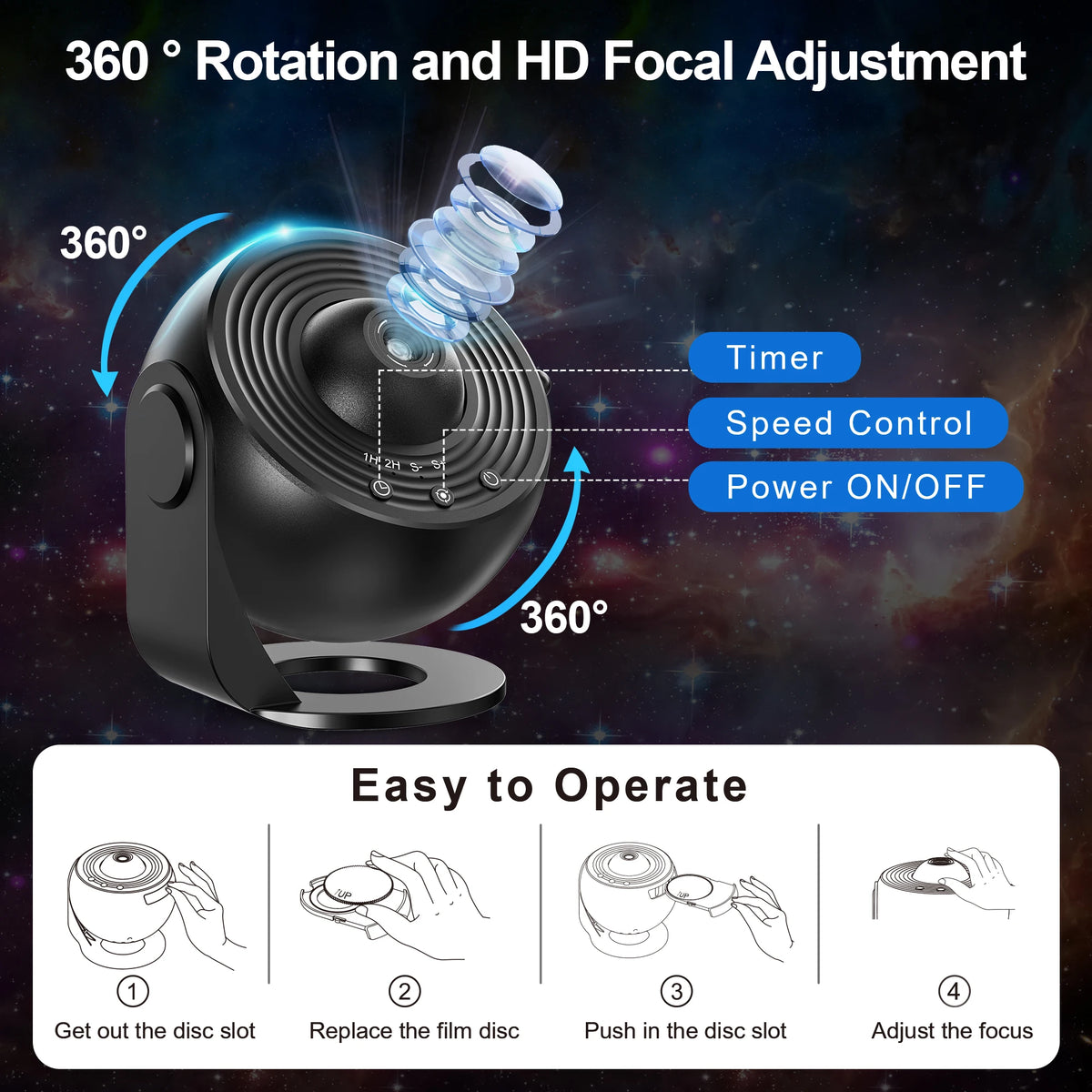 Aiopp Galaxy Star Projector Planetarium Night Light With Rotating Display