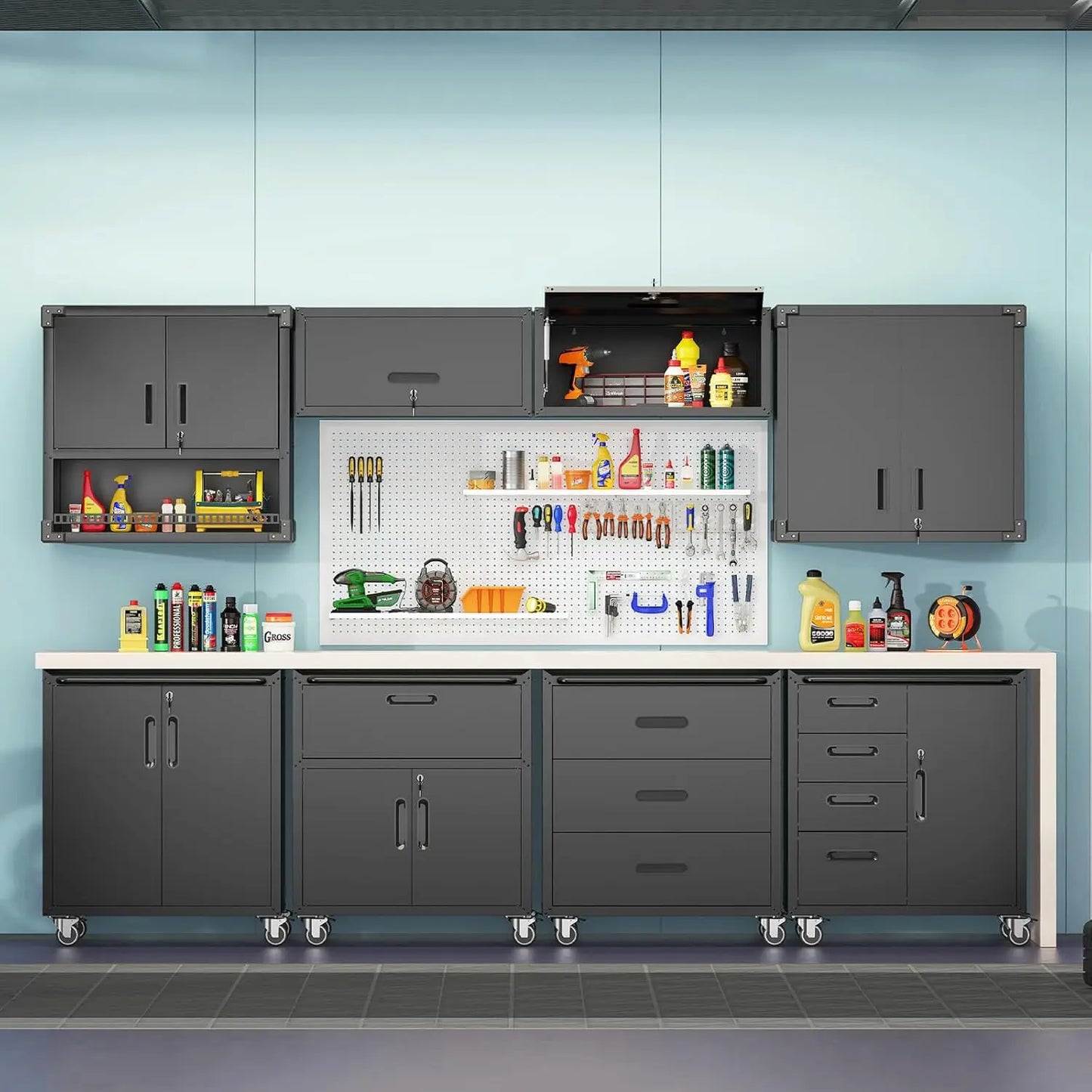 Metal Garage Storage Cabinet With Wheels Four Drawers Locking Door Tool Cabinet