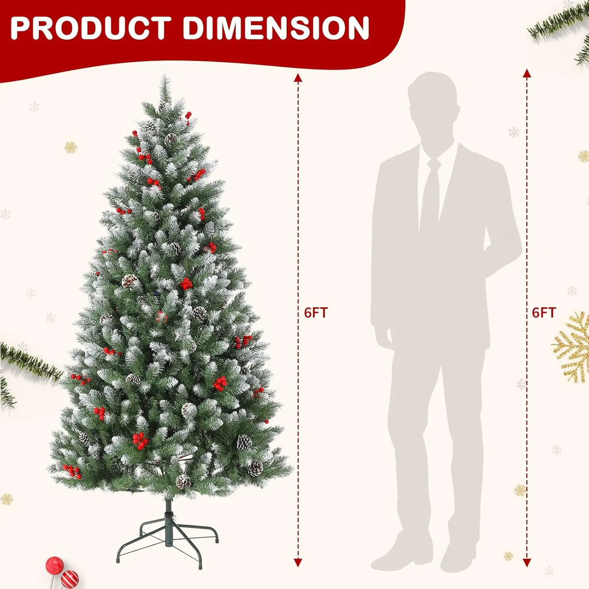 HiMISS Snow Flocked Artificial Christmas Tree With Pine Cones