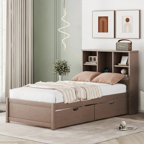 Bed Frame With USB Port On Bookcase Headboard And Drawers