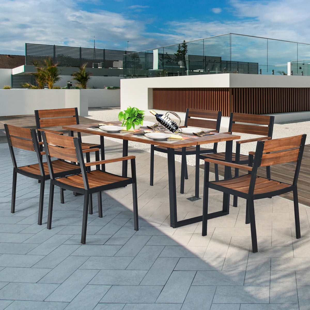 HOMASIS Acacia Wood Outdoor Patio Dining Table And Chair Set