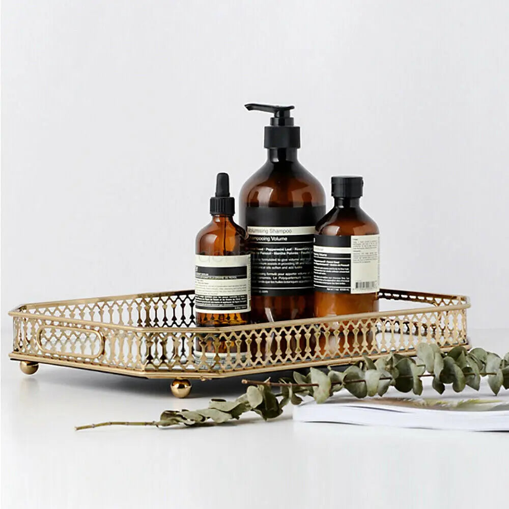 Vintage Metal Mirrored Vanity Tray For Makeup And Jewelry Storage