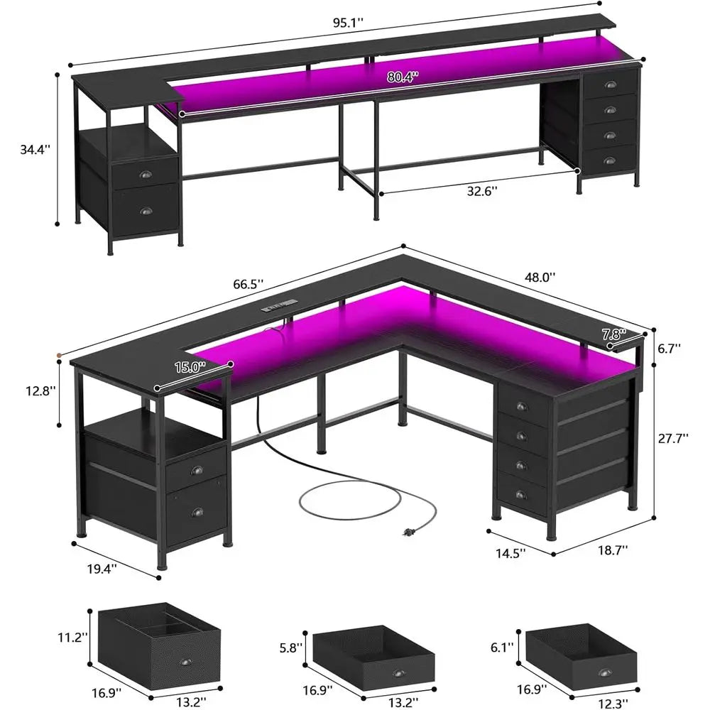 L Shaped Gaming Desk Metal Frame Led Lights Power Outlets