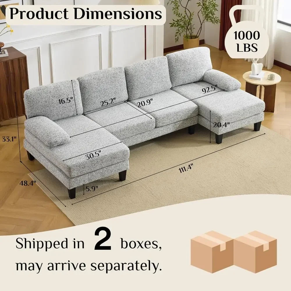 U-Shape Sectional Sofa Chenille Upholstery Four Seats And Wood Legs