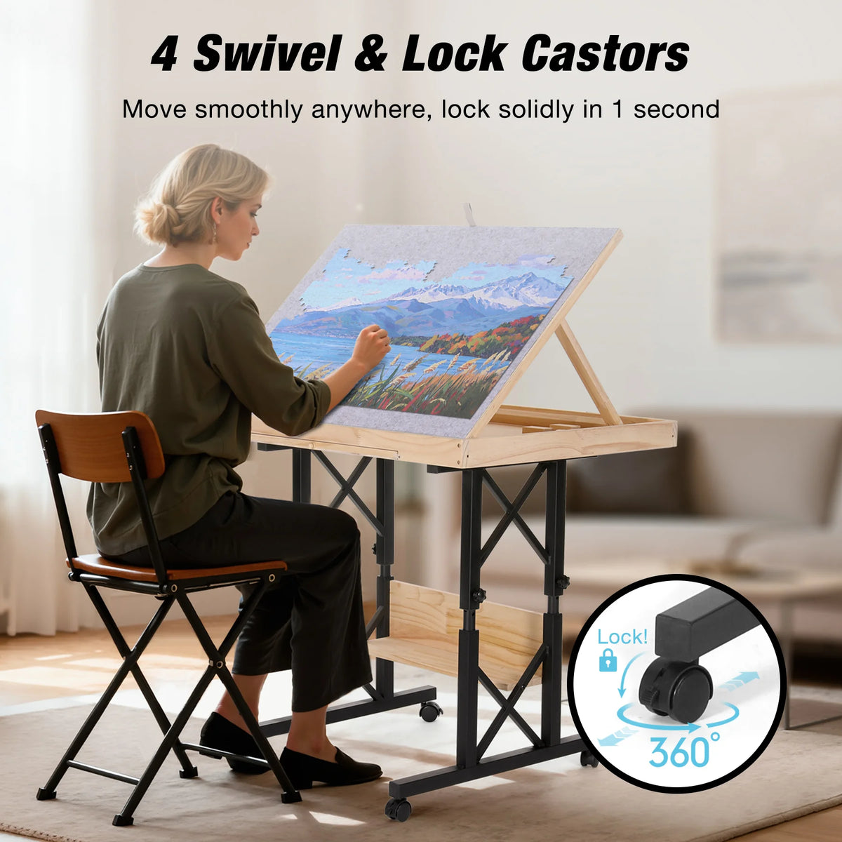 Adjustable Wooden Puzzle Table with Tilting Board and Storage Drawers