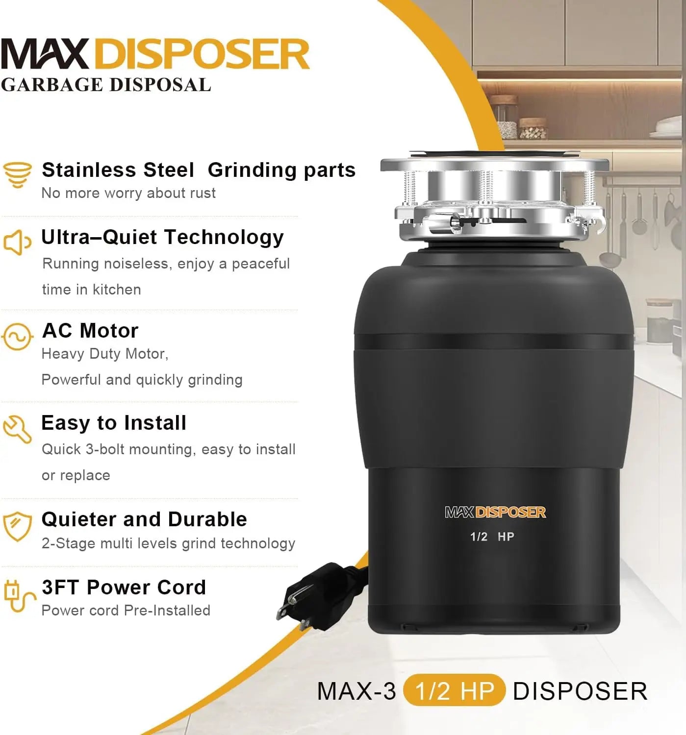 XMSJ Half HP Garbage Disposal With Stopper And Power Cord