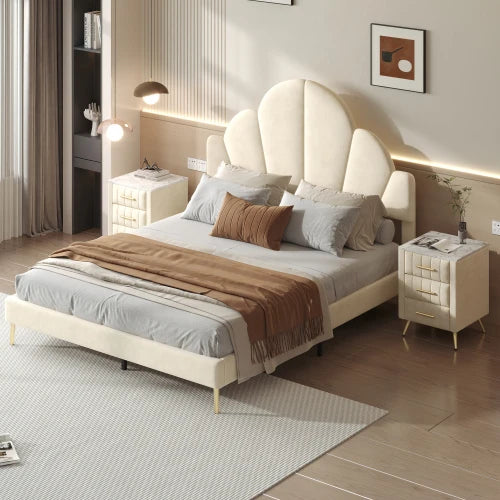 Velvet Upholstered Bed Frame With Petal Headboard And Nightstands
