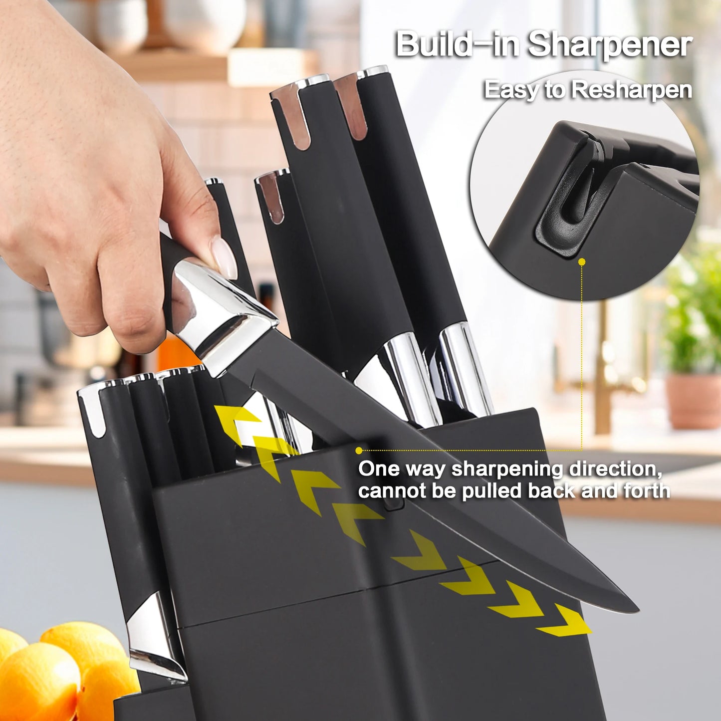 Knife Block Set With 6 Steak Knives High Carbon Stainless