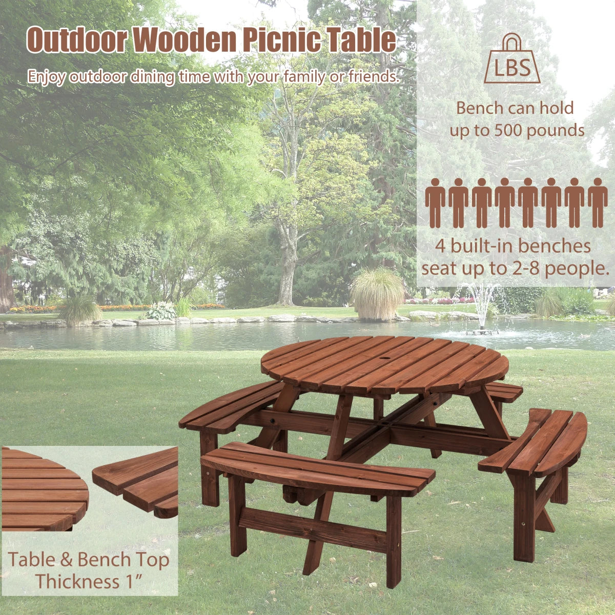 Wooden Outdoor Picnic Table With Built In Benches For Garden