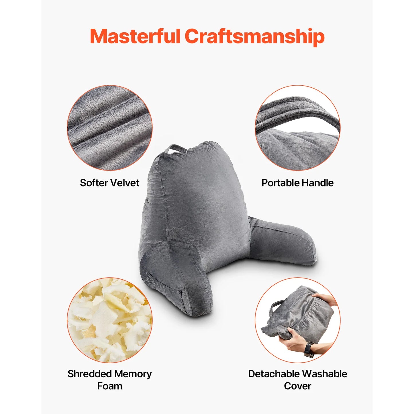 SucceBuy Reading Pillow With Shredded Memory Foam Pockets And Handle