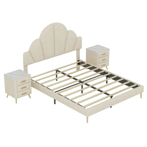 Velvet Upholstered Bed Frame With Petal Headboard And Nightstands