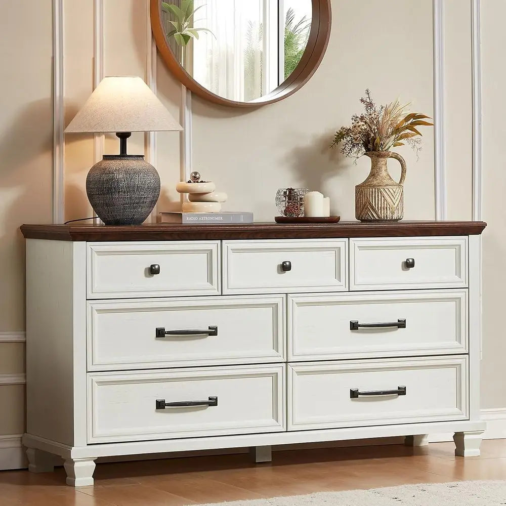 Rustic White Wood Bedroom Furniture Set With 7 Drawer Dresser And 2 Nightstands