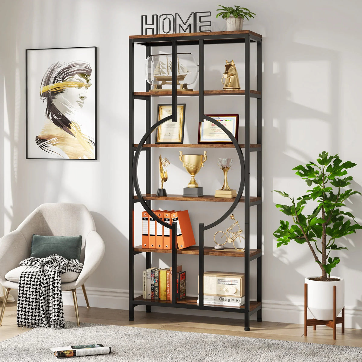 Tribesigns Industrial Bookshelf Open Shelves Metal Wood Storage Cabinet