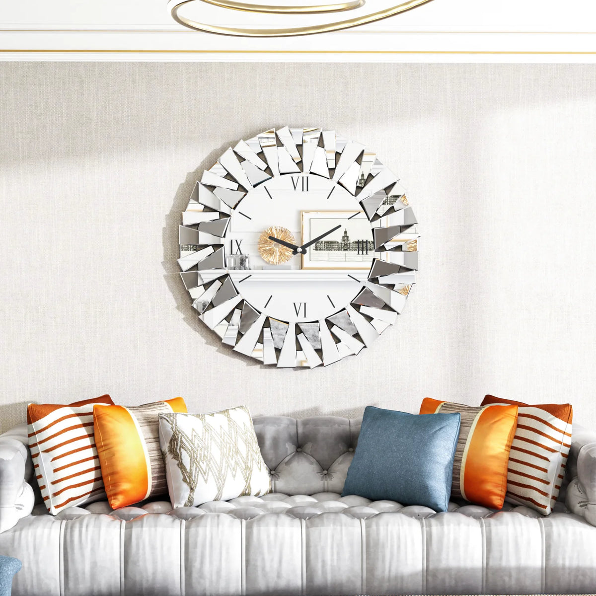 Mirrored Wall Clock With Beveled Glass Edge Silent Movement