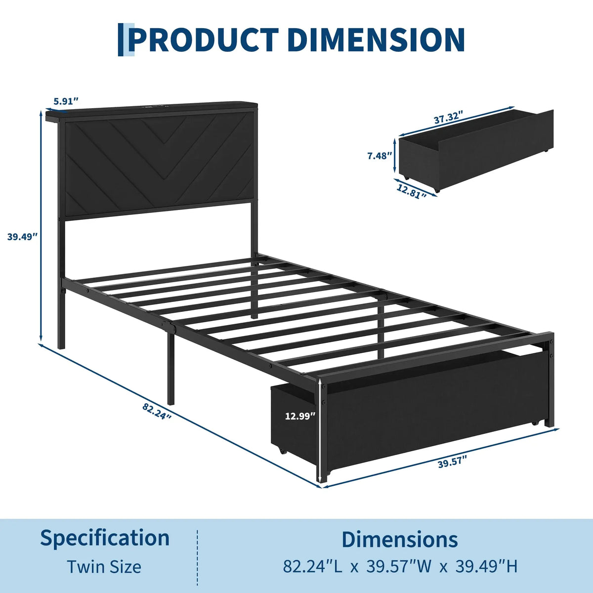 HiMISS Metal Platform Bed With Storage Drawers And Charging Station