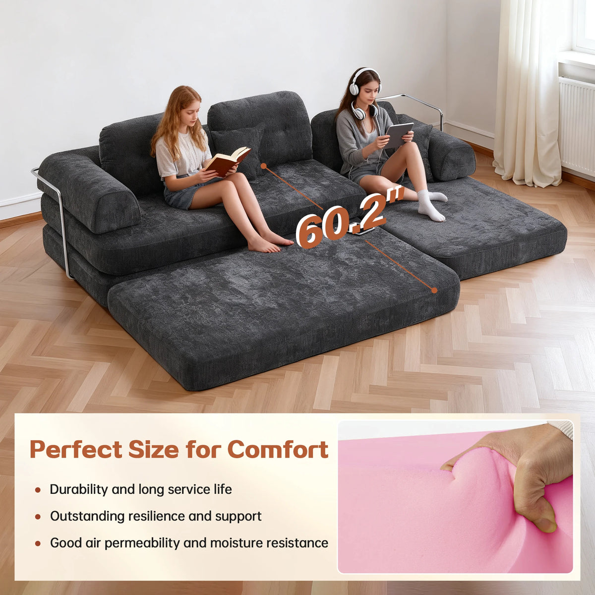 Boneless Foldable Convertible Chenille Futon Sleeper Sofa With Chaise