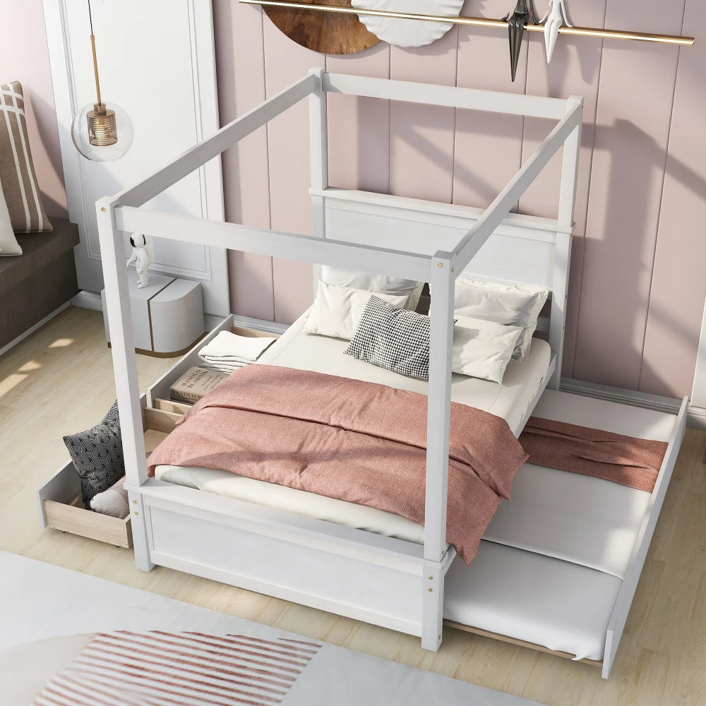 Solid Wood Canopy Bed With Trundle And Two Drawers