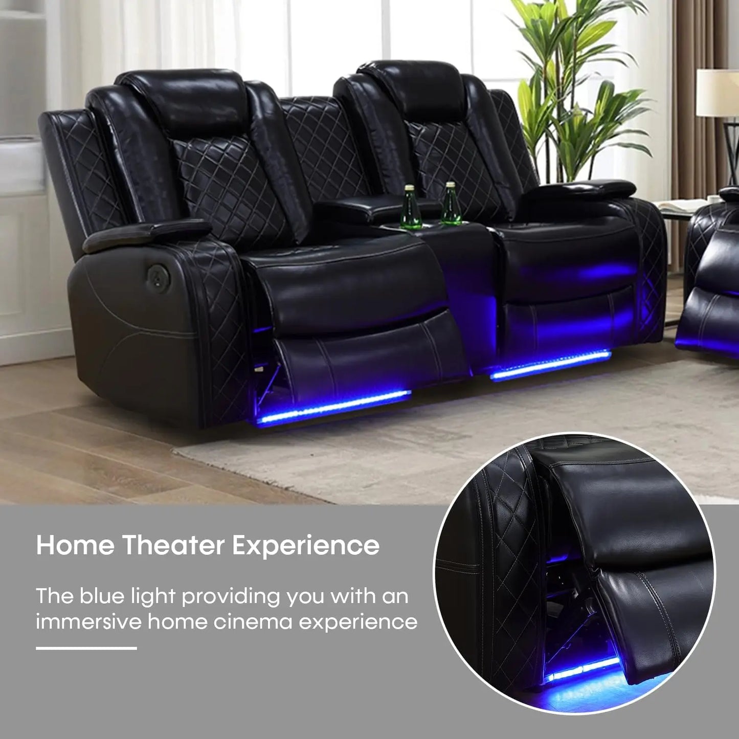 Faux Leather Power Recliner Loveseat With USB Port LED Lights Console
