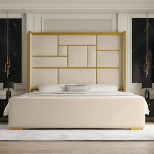 Upholstered Bed Frame With Wingback Headboard And Gold Tone Accents