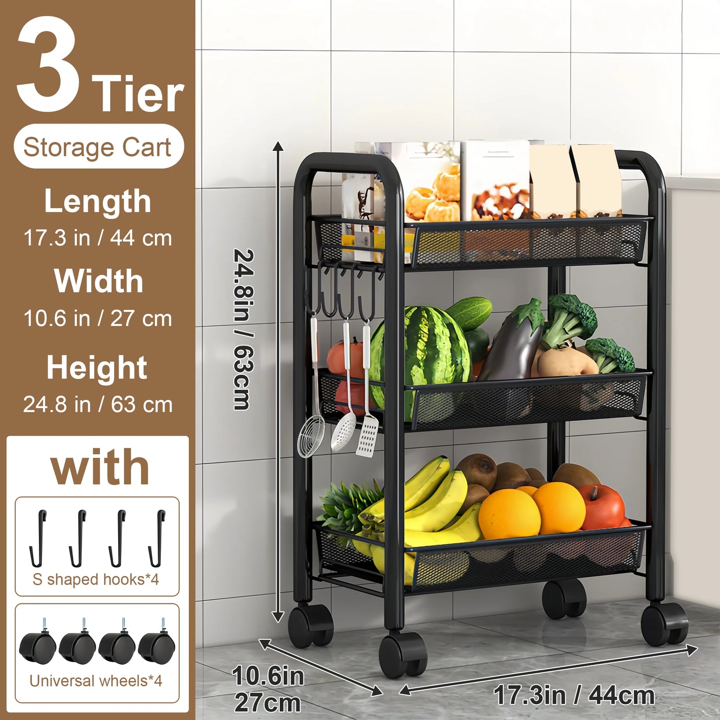 Multilayer Kitchen Storage Rack On Wheels Stackable Utility Cart