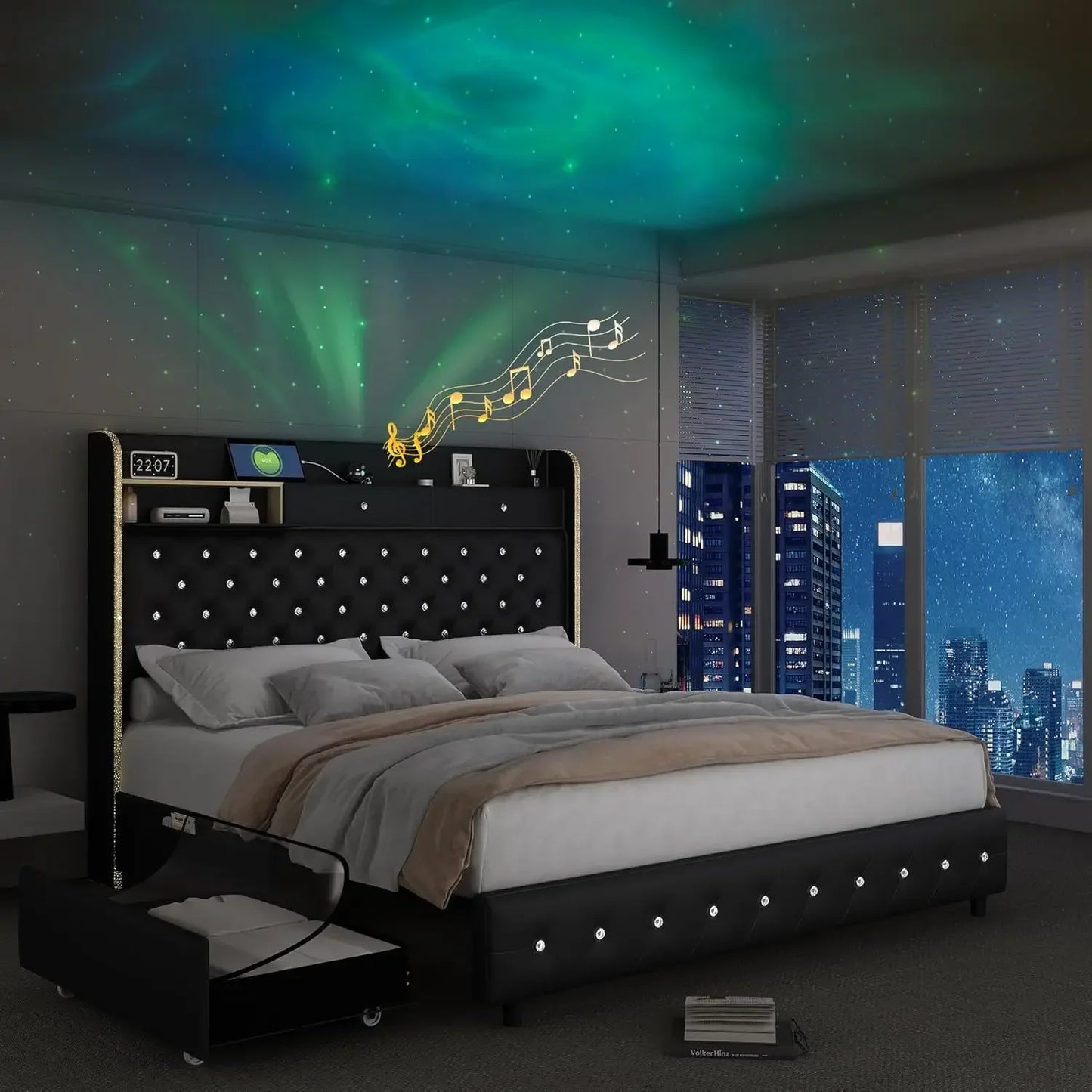 LED Bed Frame Galaxy Aurora Star Projector And Charging Station