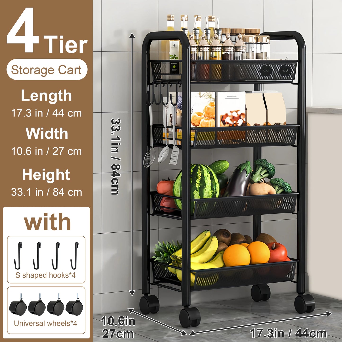 Multilayer Kitchen Storage Rack On Wheels Stackable Utility Cart