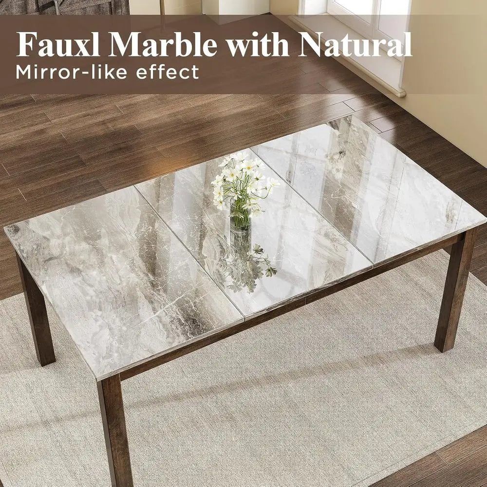 Ticify 7 Piece Solid Wood Dining Set With Marble Table