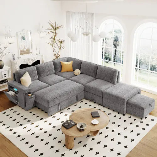 L-Shaped Padded Modular Sofa With Storage USB Ports Cup Holders