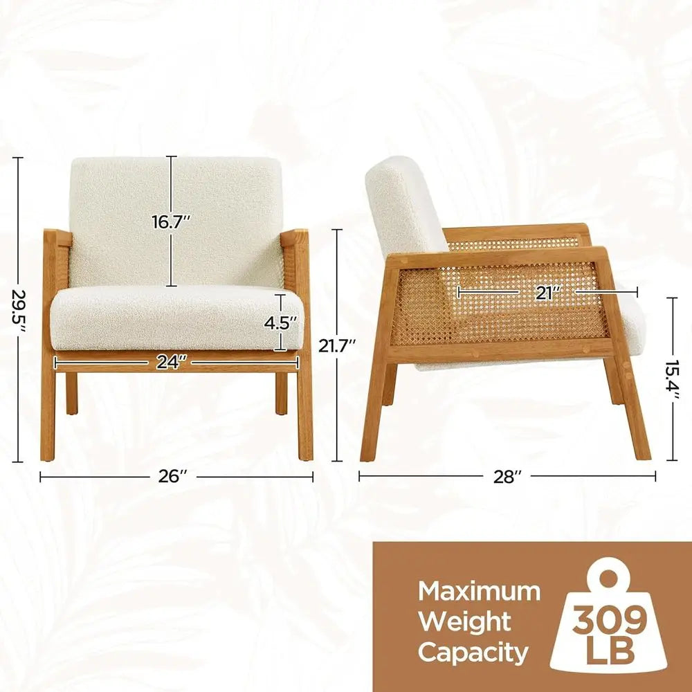Rattan Accent Chairs Set Boho Vintage Boucle Fabric Reading Chairs