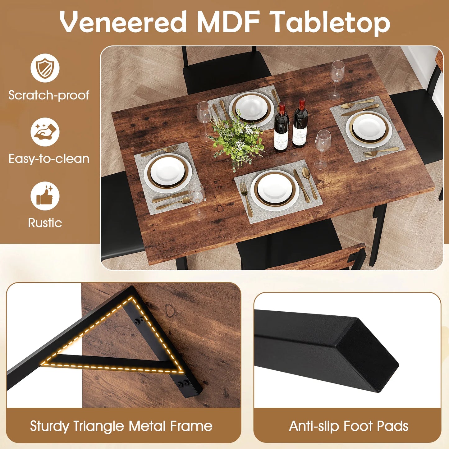 HOMASIS 5 Piece Dining Set For 4 With Wooden Tabletop