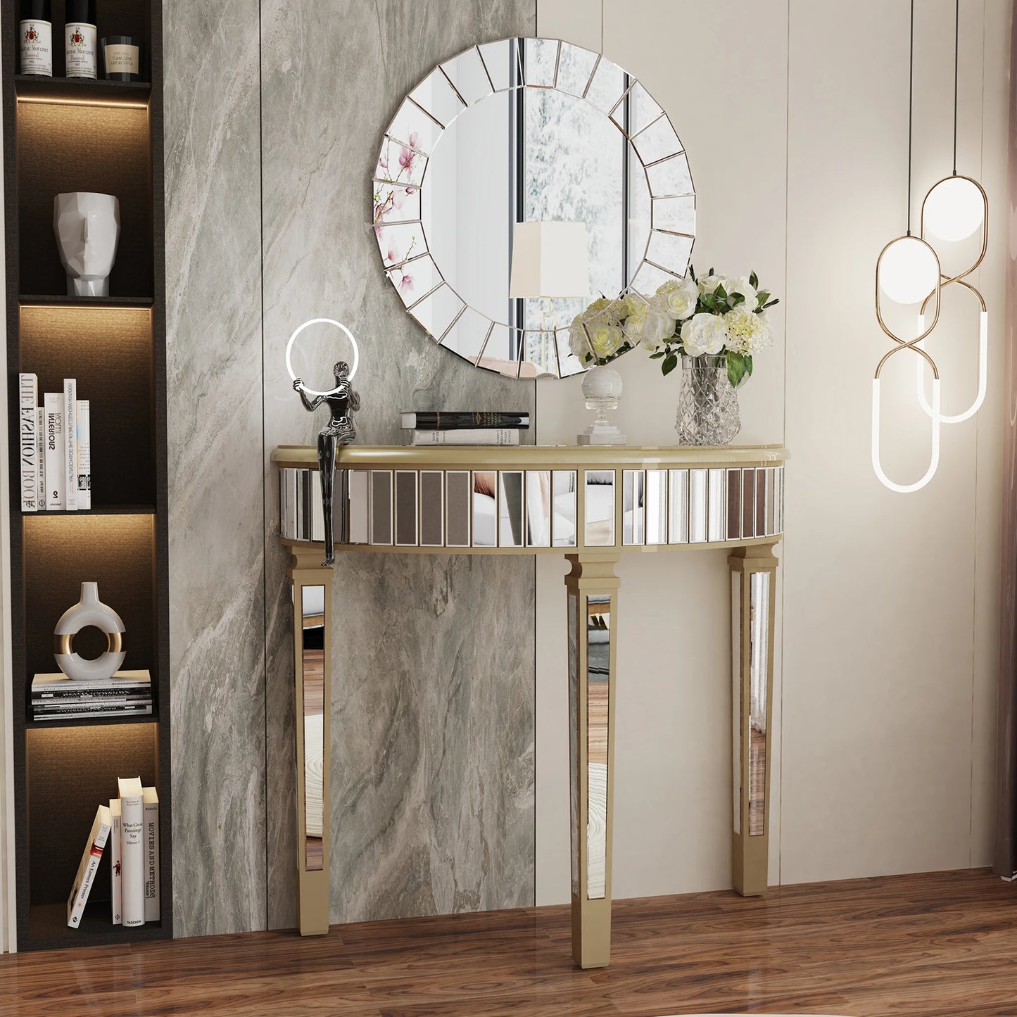 Half Moon Mirrored Console Table Living Room Entryway