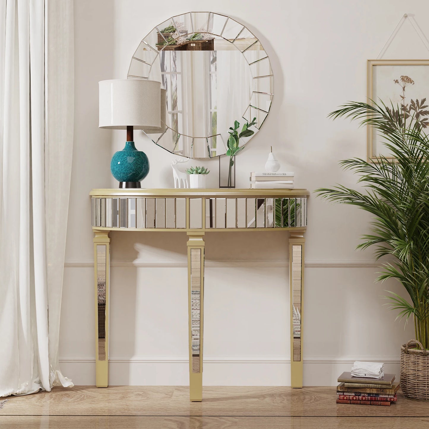 Half Moon Mirrored Console Table Living Room Entryway