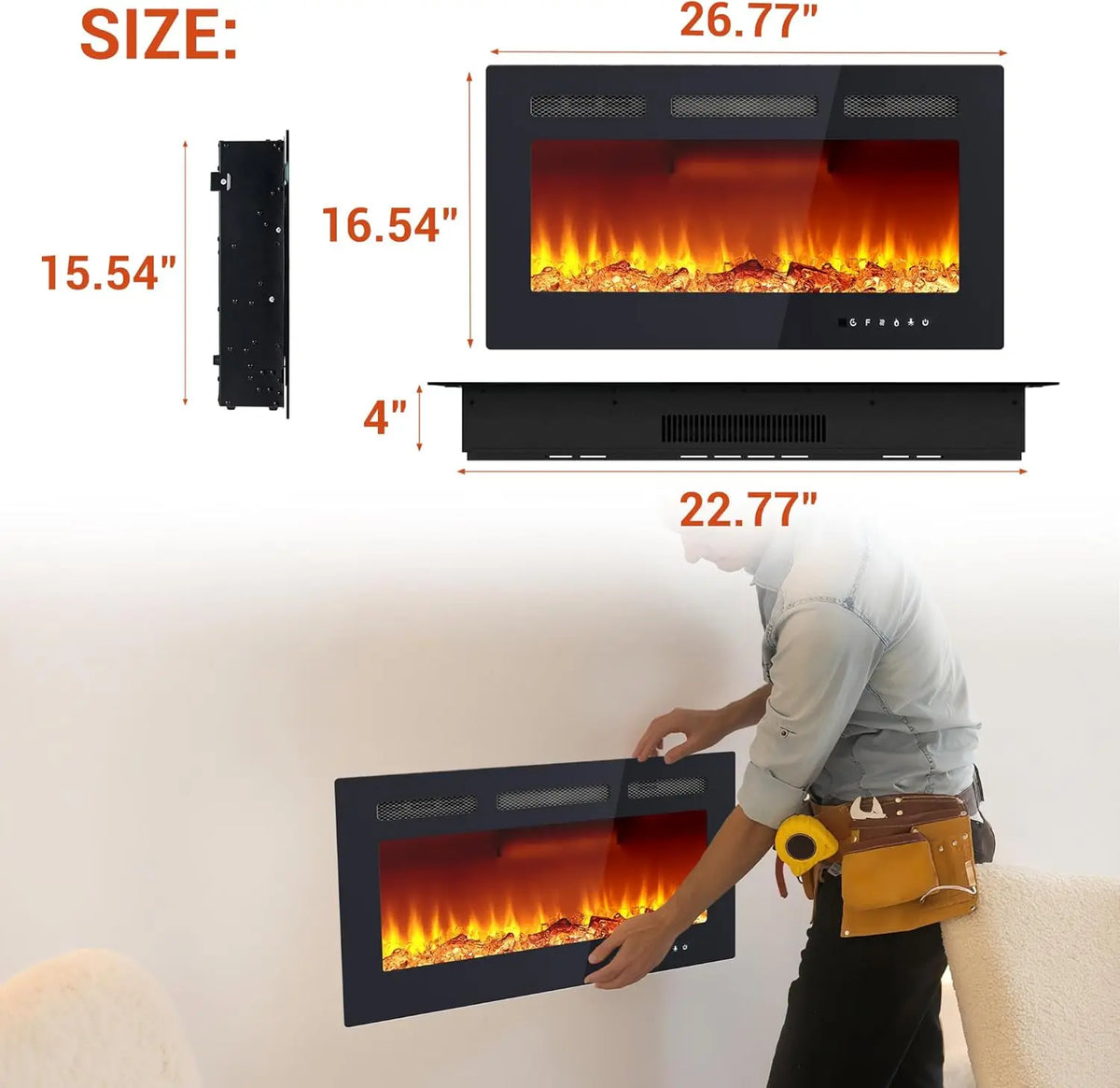 Wall Mounted Electric Fireplace Insert Heater With Remote Control